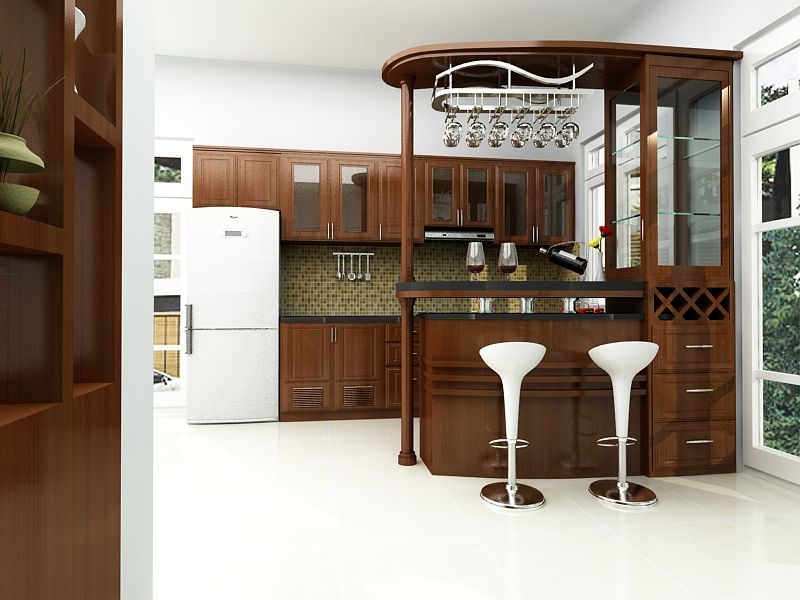 Thiết kế tủ bếp có quầy bar bằng gỗ công nghiệp đẹp và sang trọng
