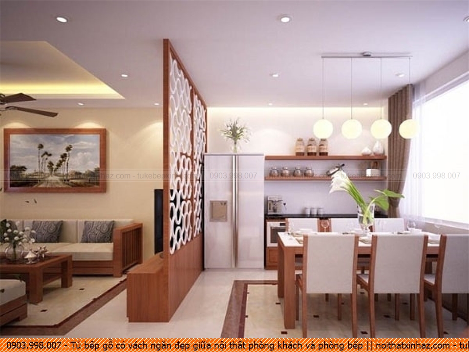 Tủ bếp gỗ có vách ngăn đẹp giữa nội thất phòng khách và phòng bếp