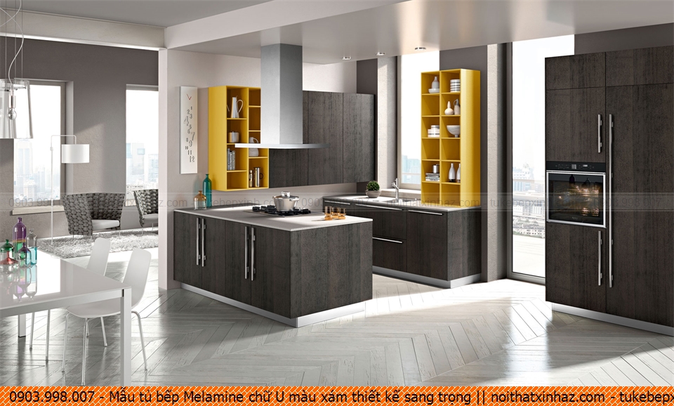 Mẫu tủ bếp Melamine chữ U màu xám thiết kế sang trọng 441020J7L
