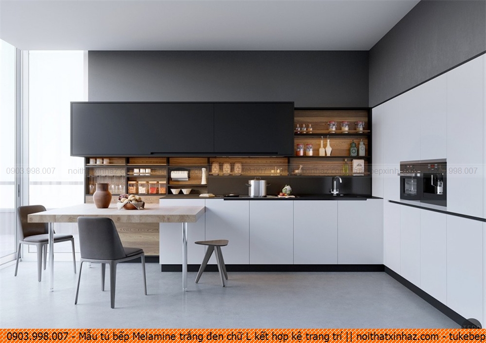 Mẫu tủ bếp Melamine trắng đen chữ L kết hợp kệ trang trí 0910204E2