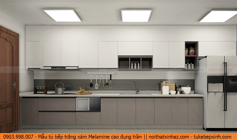 Mẫu tủ bếp trắng xám Melamine cao đụng trần 280820DM5