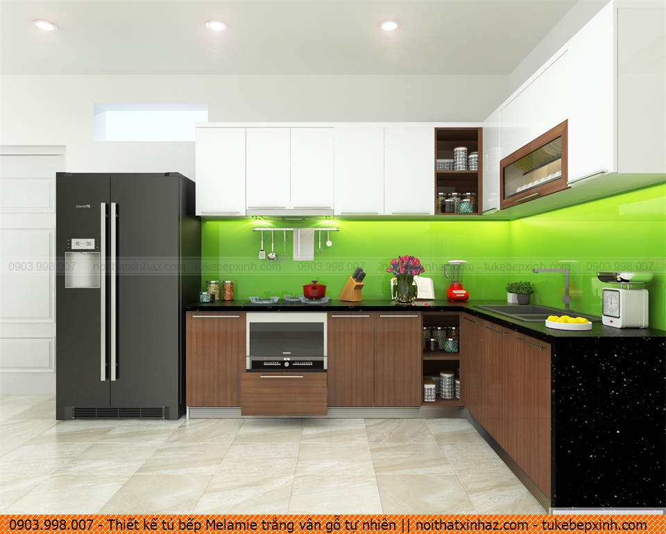 Thiết kế tủ bếp Melamie trắng vân gỗ tự nhiên 271020ALE