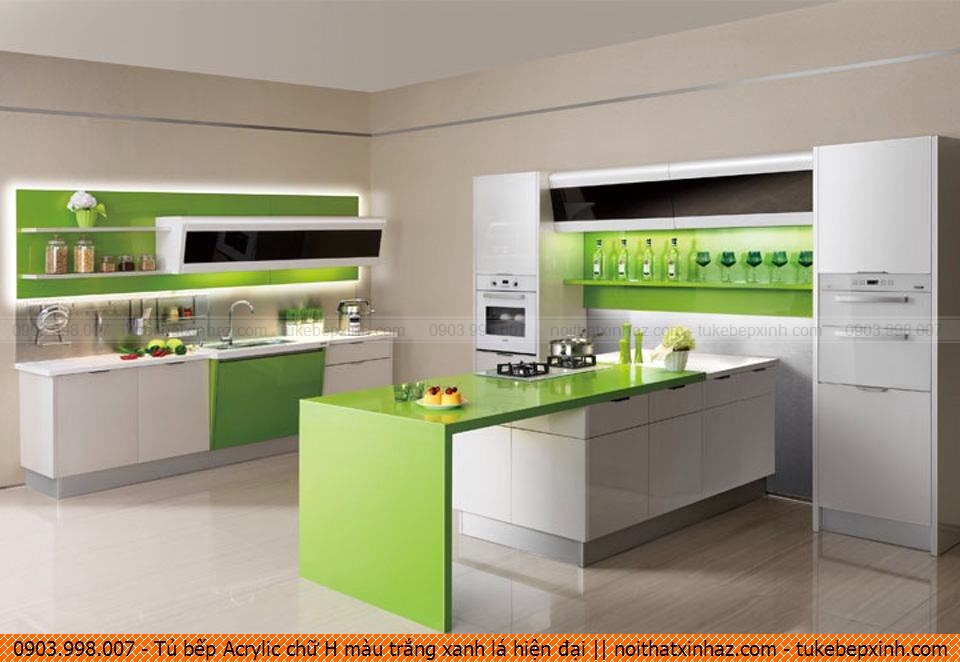 Tủ bếp Acrylic chữ H màu trắng xanh lá hiện đại 251020KF3