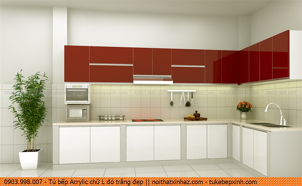 Tủ bếp Acrylic chữ L đỏ trắng đẹp 25092013W