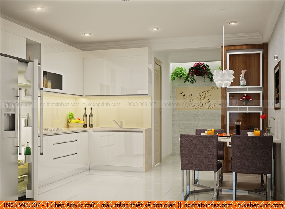Tủ bếp Acrylic chữ L màu trắng thiết kế đơn giản 551020EZW