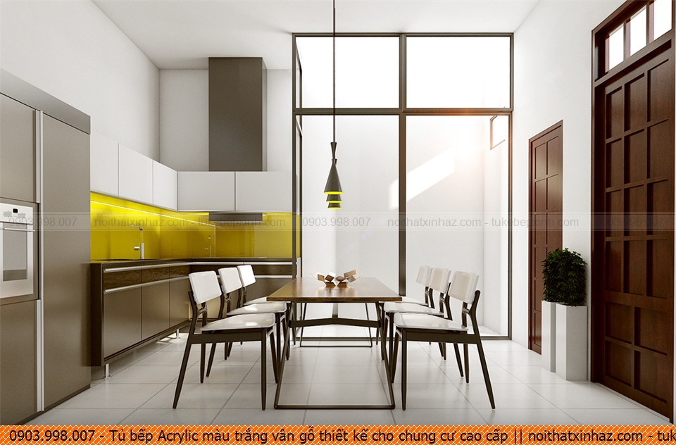 Tủ bếp Acrylic màu trắng vân gỗ thiết kế cho chung cư cao cấp 090820LAQ