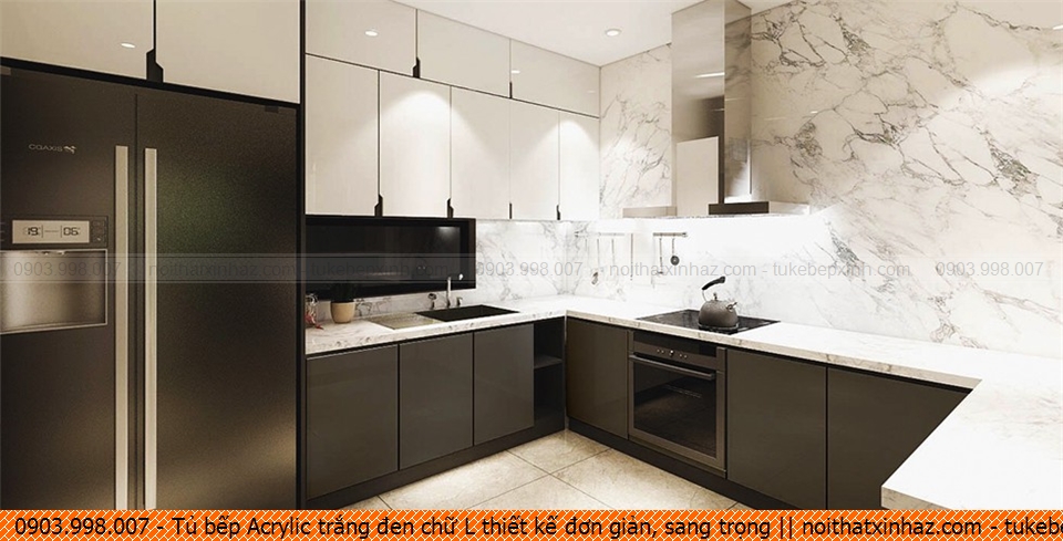 Tủ bếp Acrylic trắng đen chữ L thiết kế đơn giản, sang trọng 0312202QR