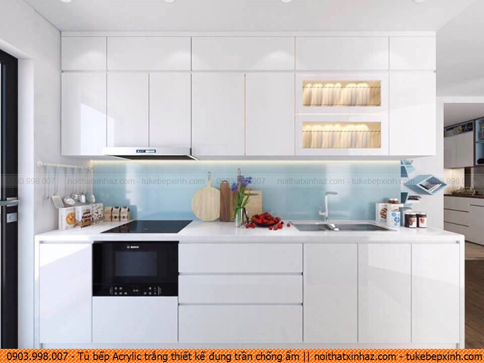 Tủ bếp Acrylic trắng thiết kế đụng trần chống ẩm 320920WSN