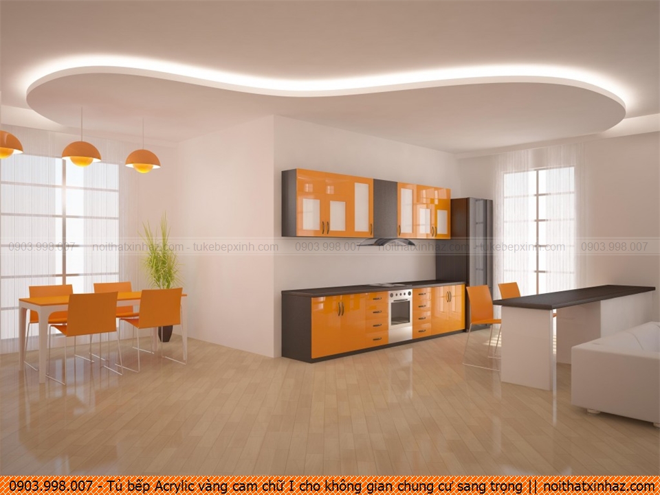 Tủ bếp Acrylic vàng cam chữ I cho không gian chung cư sang trọng 49102073X
