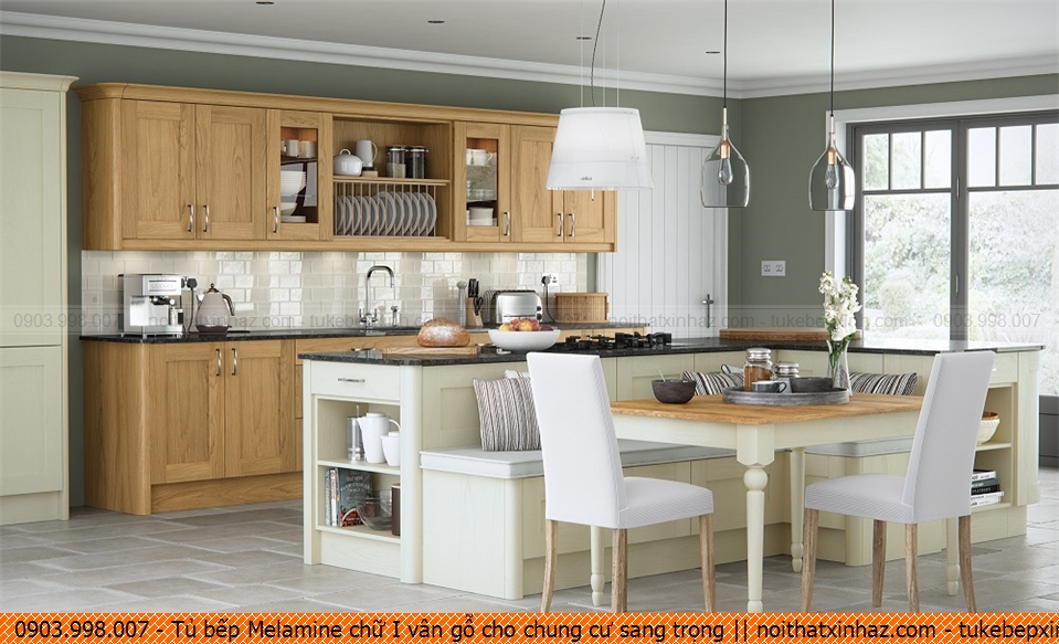 Tủ bếp Melamine chữ I vân gỗ cho chung cư sang trọng 4410201BE