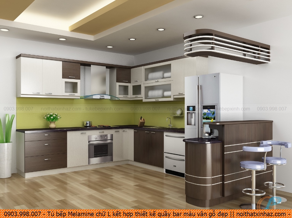 Tủ bếp Melamine chữ L kết hợp thiết kế quầy bar màu vân gỗ đẹp 090820QE6