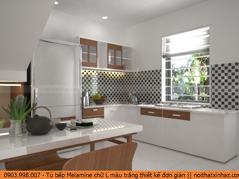 Tủ bếp Melamine chữ L màu trắng thiết kế đơn giản 0210209SD
