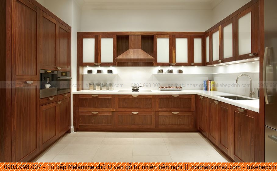 Tủ bếp Melamine chữ U vân gỗ tự nhiên tiện nghi 040920U86