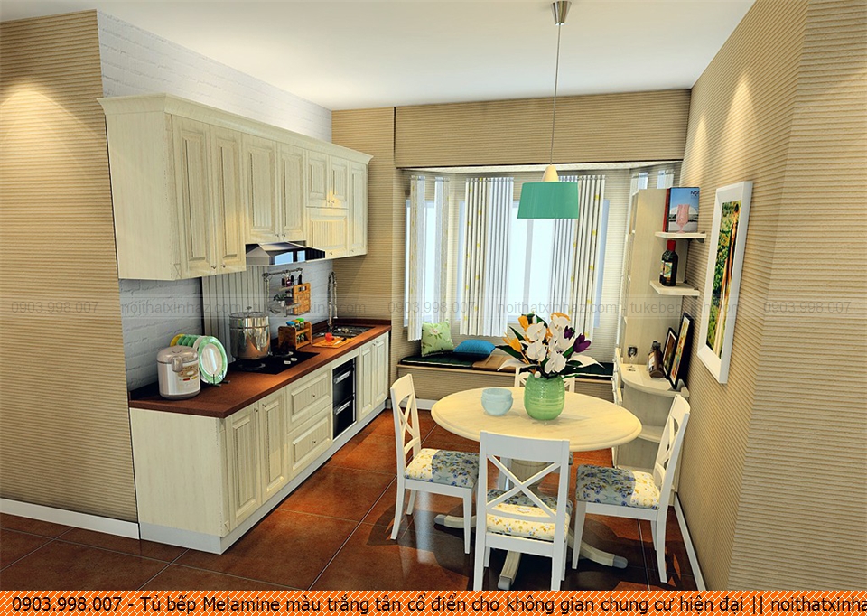 Tủ bếp Melamine màu trắng tân cổ điển cho không gian chung cư hiện đại 521220YXM