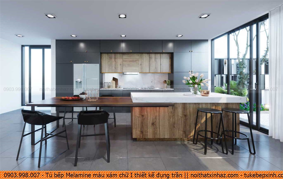 Tủ bếp Melamine màu xám chữ I thiết kế đụng trần 211220XTP