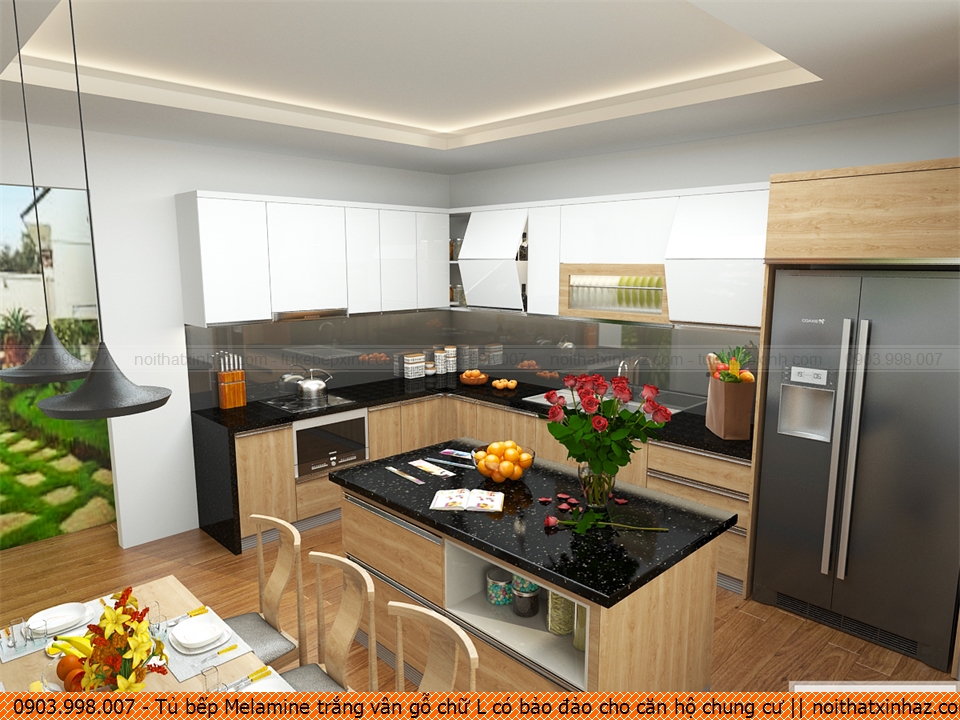 Tủ bếp Melamine trắng vân gỗ chữ L có bảo đảo cho căn hộ chung cư 5410205P2