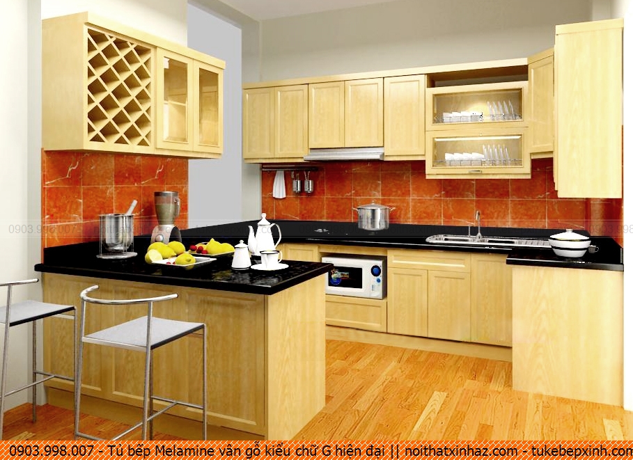 Tủ bếp Melamine vân gỗ kiểu chữ G hiện đại 401020747