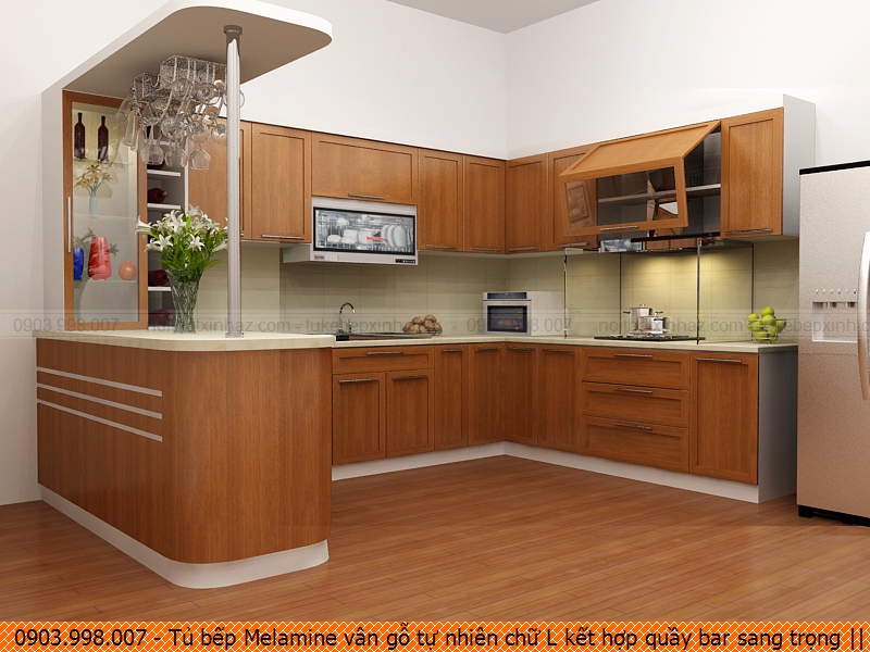 Tủ bếp Melamine vân gỗ tự nhiên chữ L kết hợp quầy bar sang trọng 3112201C1