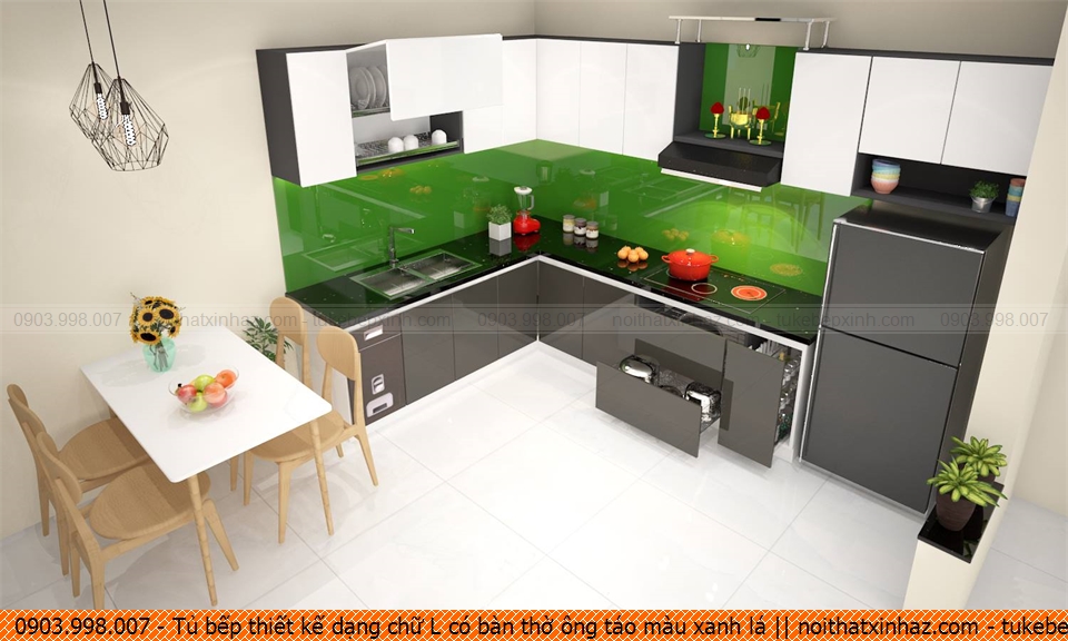 Tủ bếp thiết kế dạng chữ L có bàn thờ ông táo màu xanh lá 300720JY1