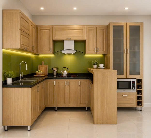 Mẫu tủ bếp Melamine vân gỗ chữ U đẹp hiện đại, thiết kế đa năng, tối ưu công năng sử dụng, sang trọng và thi công trực tiếp giá xưởng tại Hà Nội.