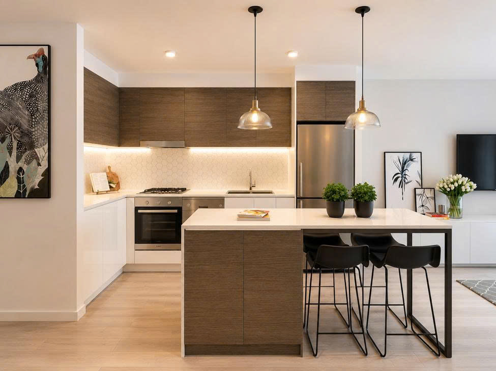 tủ bếp melamine chữ l tại Long Biên Hà Nội