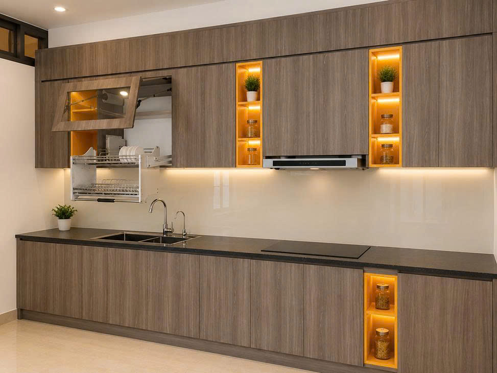tủ bếp melamine hiện đại đẹp cho nhà phố