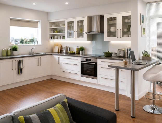 Mẫu tủ bếp Melamine trắng chữ L đẹp hiện đại, tối ưu không gian sử dụng, nhiều ngăn lưu trữ tiện lợi, thiết kế sang trọng và thi công giá xưởng tại Hà Nội.