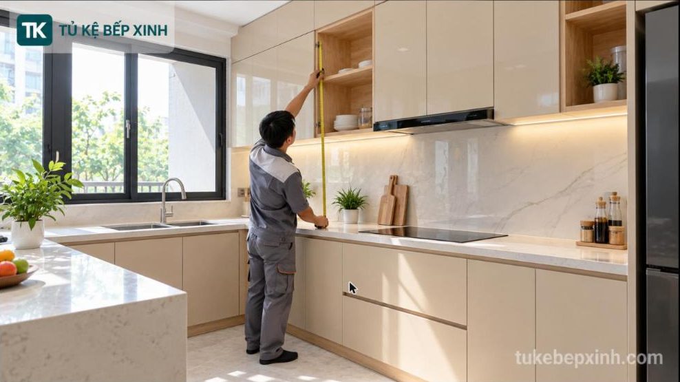 Kỹ thuật viên dùng thước dây đo chiều cao tủ bếp tiêu chuẩn trong căn bếp gỗ công nghiệp màu be