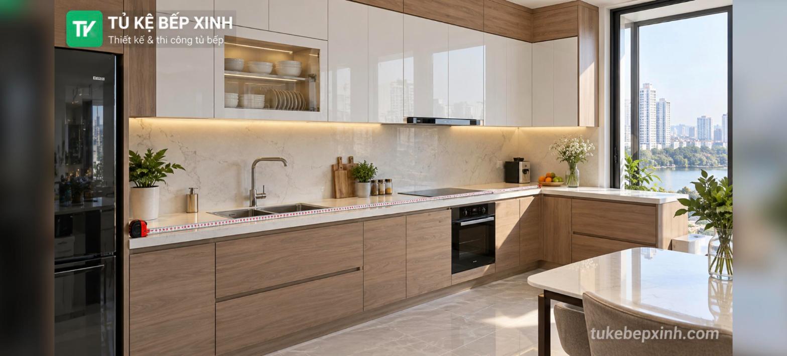 Giá tủ bếp theo mét dài 2026 - tủ bếp Acrylic vân gỗ Tủ Kệ Bếp Xinh