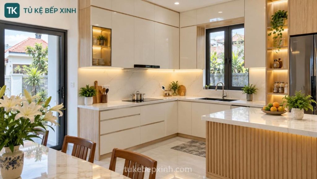 Thi công tủ bếp Hưng Yên - tủ bếp gỗ công nghiệp chữ L hiện đại của Tủ Kệ Bếp Xinh