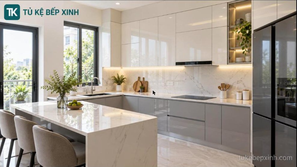Tủ bếp Acrylic bóng màu trắng kem và xám nhạt trong căn bếp hiện đại